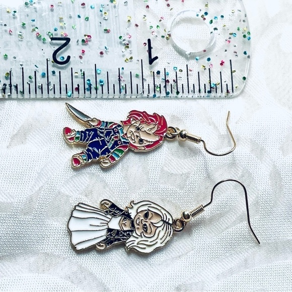 NWT Chucky & Tiffany Bride Of Horror Film Halloween Drop Dangle Earrings 🎃 - Picture 8 of 11